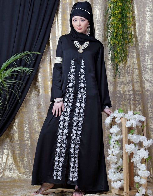 Dubai Front Embroidered Zip At Neck Nida Abaya White